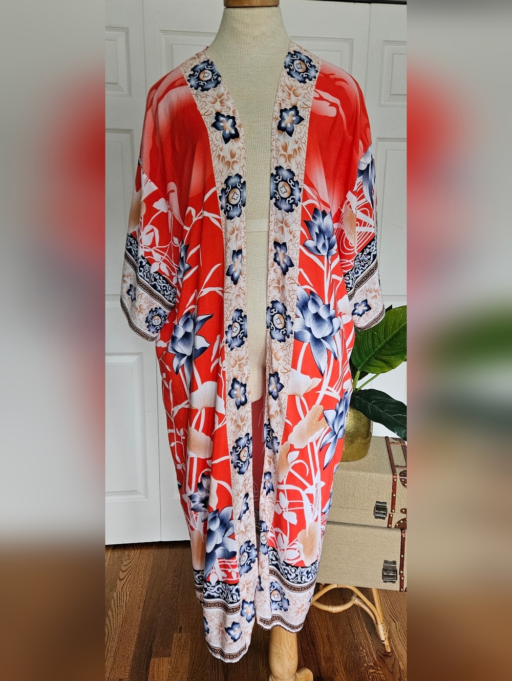 Bohemian Breezy 100% Rayon Kimono Cover up, with White Crane & Floral Pattern!